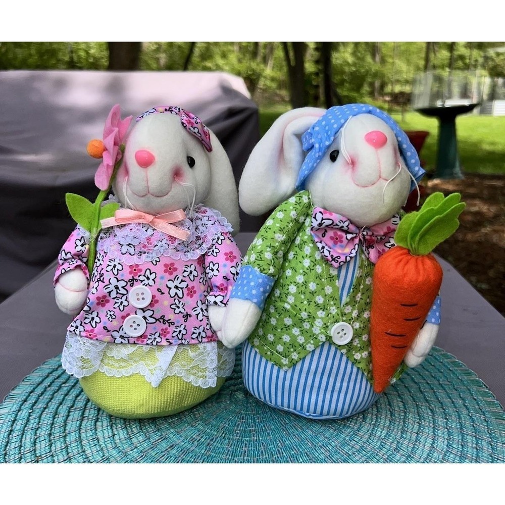 Vintage Pair Soft Sculpted Cloth Easter Bunny Dolls Plush Figures Farmhouse